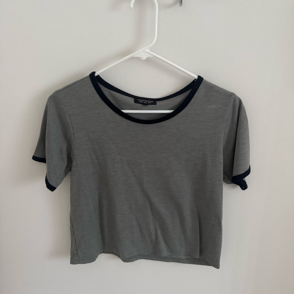 Topshop Gray Short Sleeve Crop Tee with Black Trim